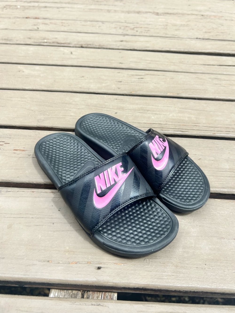 Nike Benassi JDI Logo Slides Black Vivid Pink Sandals 343881 | Size US 9